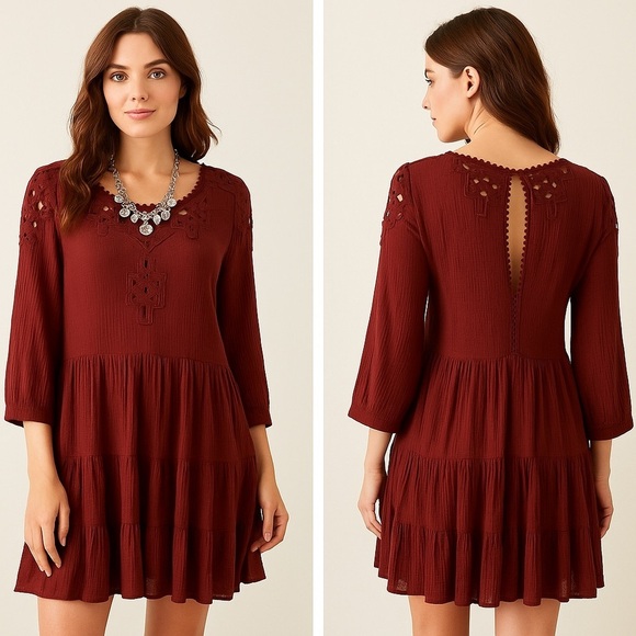Free People Scarlet lace embroidered eyelet cotton boho mini dress. Peasant. M - Picture 1 of 12